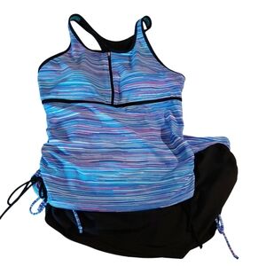 Luvamia Women's 2 Piece Racerback Tankini Swim Set Striped Blue Purple Black L